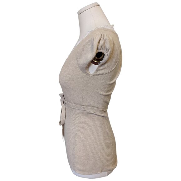 Vintage Y2K Ribbed Knit Ruffle Lace V-Neck Top Beige Tie Academia Office School - Picture 5 of 10